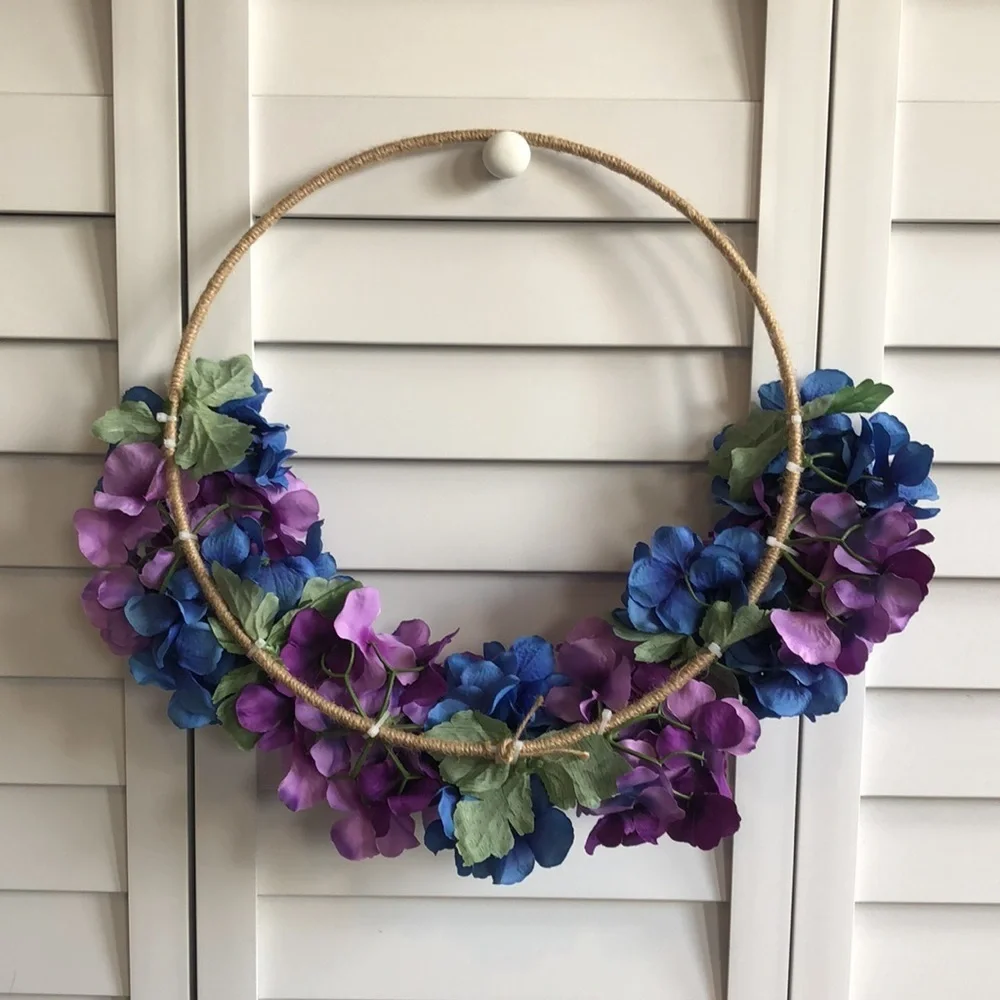 Blue Purple Hydrangea Azalea Floral Decor Twine Tweed Hoop Wreath